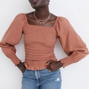 Madewell Lucie Balloon Sleeve Smocked Top in Warm Umber
